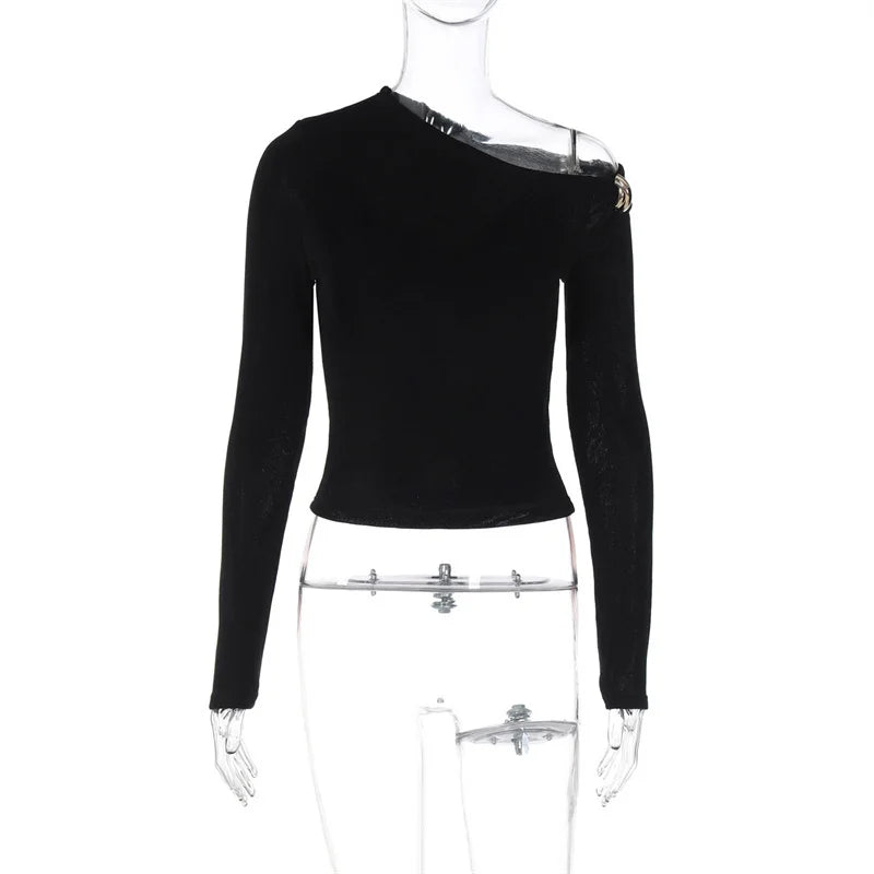 Blifanbo Oblique Shoulder Long Sleeve Tops For Women Metal Buckle Slim Fit Sexy Solid Color Bodycon Fashion BasicTop Streetwear.