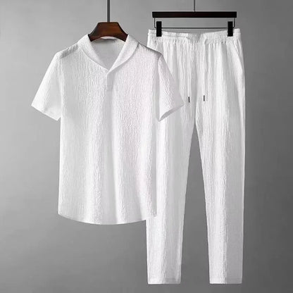 Summer Hot Sale Of The Season Men's Casual Sports Suit Thin Short Sleeve Qingguo Collar Two-Piece Set Loose Fit Comfortable Brea.