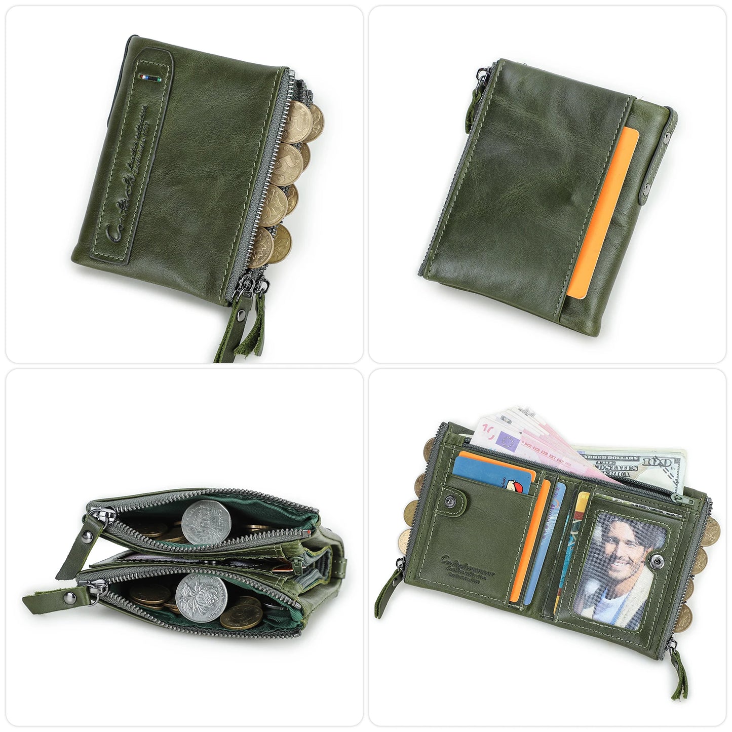 Fashion Genuine Leather Women Wallet Bi-fold Wallets Red ID Card Holder Coin Purse With Double Zipper Small Women's Purse 2022