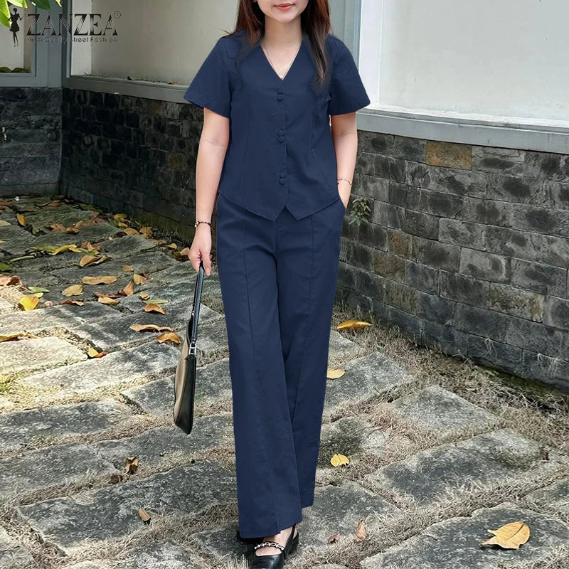 ZANZEA Fashion 2 Piece Sets Woman Elegant V-Neck Short Sleeve Shirts Wide Leg Pants 2pcs Suits Office Lady Commuting Pant Sets.