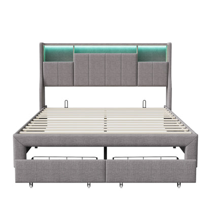 Lazyspace Leinen-Polsterbett, Doppelbettgestell mit Stauraum, Kopfteil und 2 Schubladen, 140/160 x 200 cm, Grau