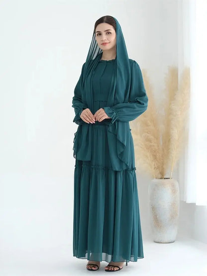Ramadan Eid Chiffon Muslim Modest Khimar Abaya Set Dubai Turkey Islam Dress Abayas For Women Kebaya Kaftan Robe Femme Musulmane