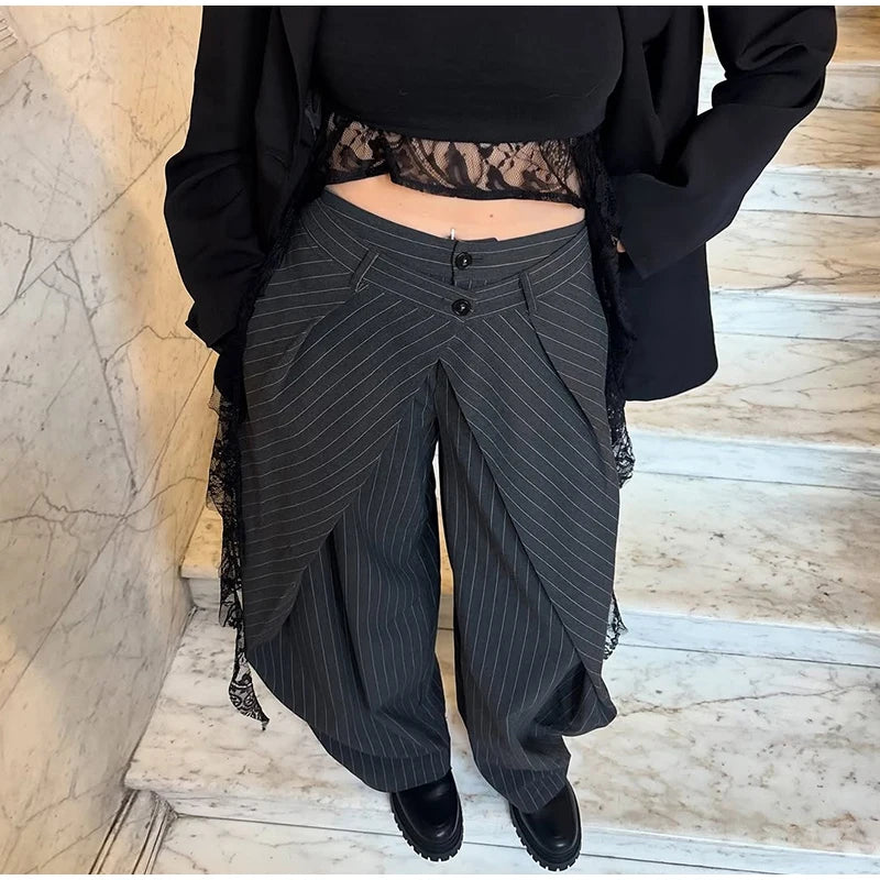 Chic Zwei Tasten Gestreiften Gefaltete Hosen Frauen Lose Taschen Breite Bein Hosen Weibliche 2026 Frühling Dame Pendeln Alle-spiel hose Neue