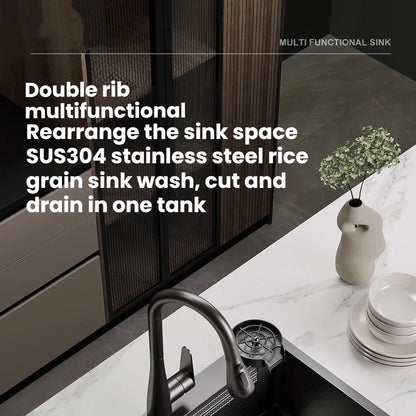 Stainless Steel Kitchen Sink Household Rice Grain Pattern Large Single Slot Wear Resistant Wash Dish Bowl Countertop Basin