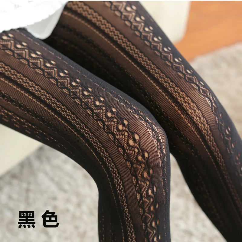 Sexy Lace Knitted Cotton Tights Women Girls Autumn Hollow Out Striped Stockings Hot Selling Female Solid Lolita Pantyhose
