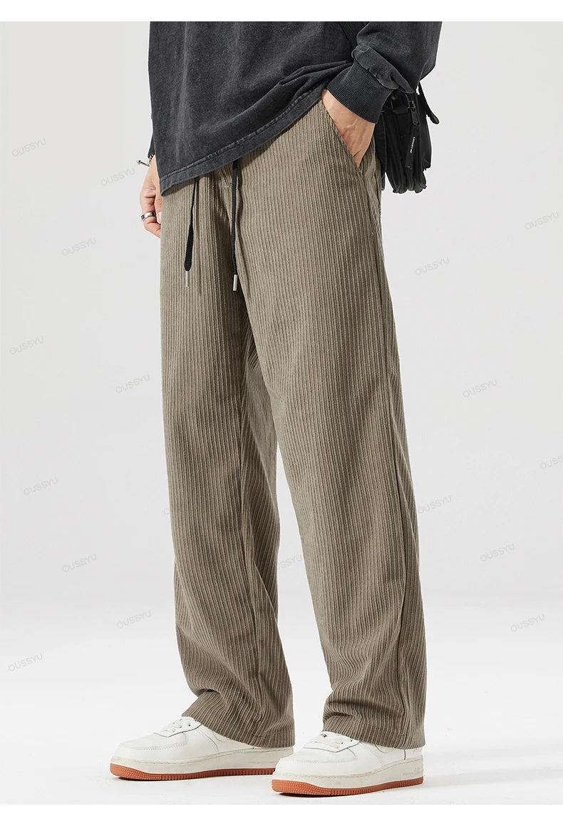 OUSSYU Brand Autumn Winter Men's Stripe Corduroy Pants Elastic Waist Drawstring Straight Thick Outdoors Loose Casual Trousers.