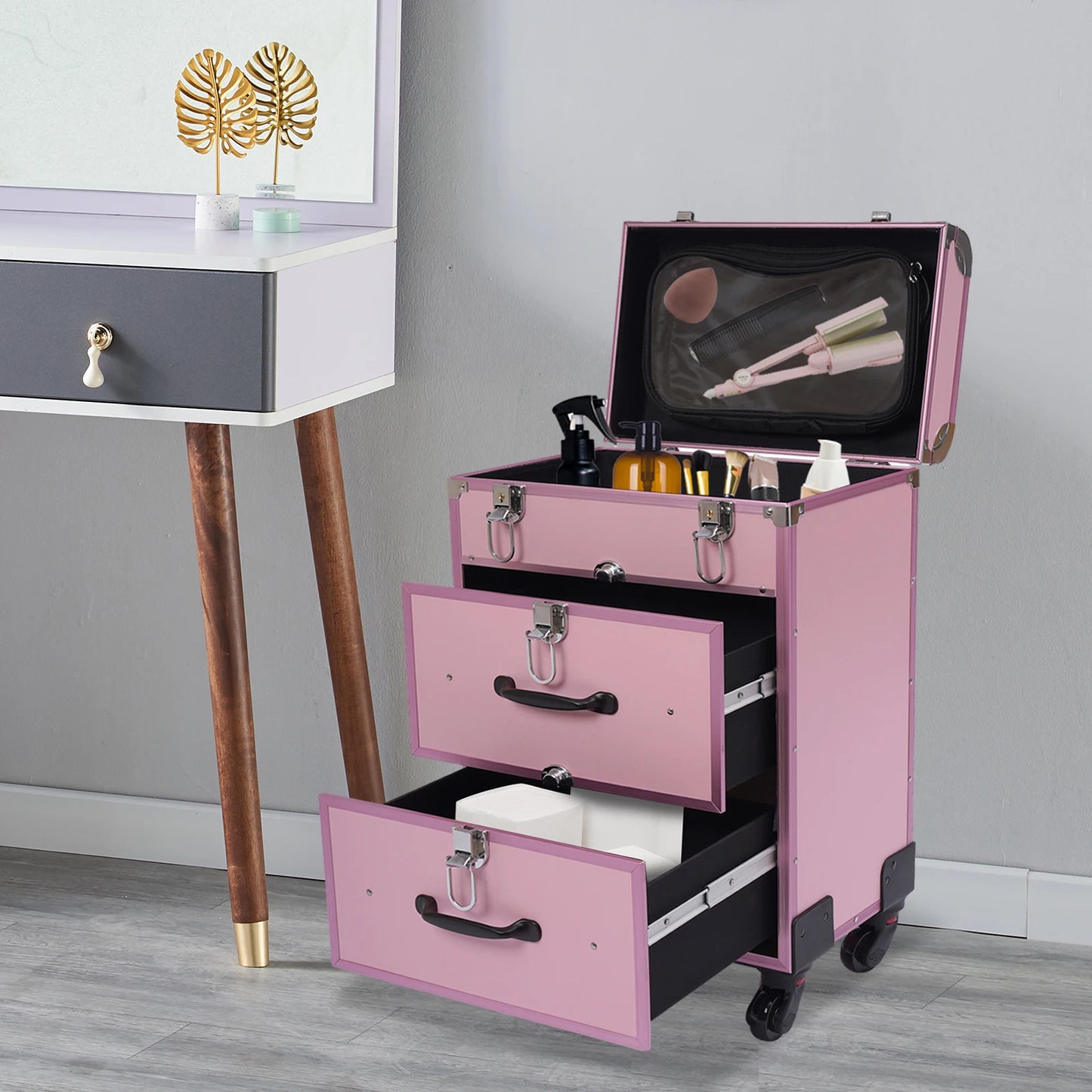 3 in 1 Rolling Makeup Case with Drawer, Large Makeup Case Organizers, Profesional Cosmetic Case for Salon Barber, Light Pink.