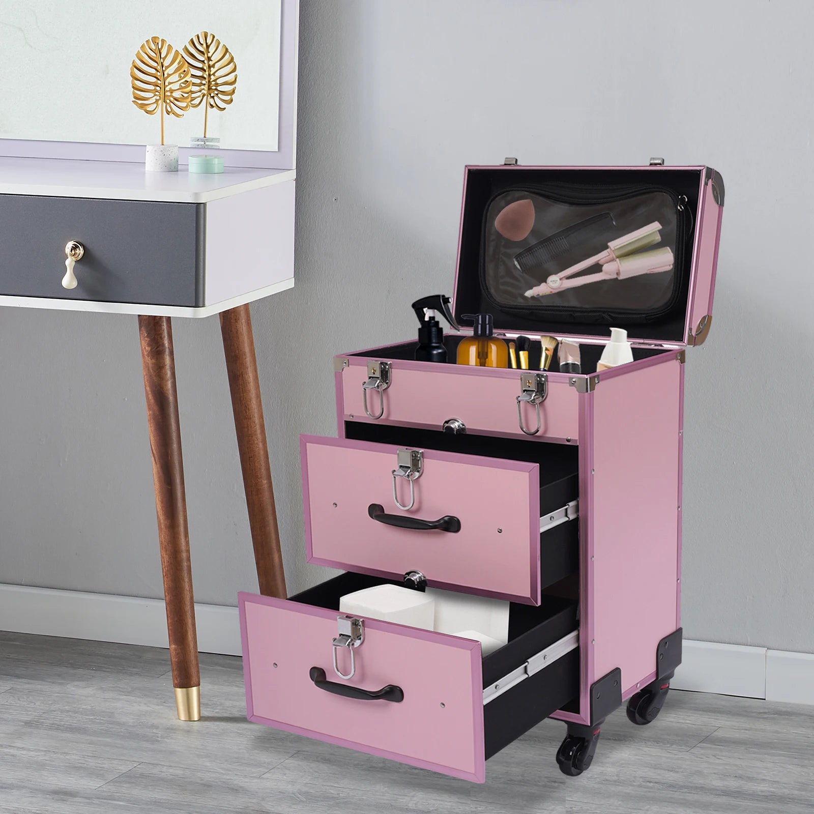 3 in 1 Rolling Makeup Case with Drawer, Large Makeup Case Organizers, Profesional Cosmetic Case for Salon Barber, Light Pink.