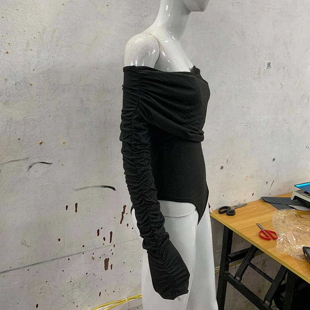 Women's Autumn One Shoulder V-Neck Pleated Long Sleeve Top Tight Fitting Temperament Jumpsuit New Collection.