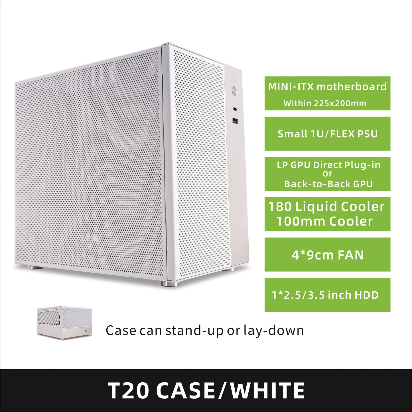 METALFISH T20 Mini ITX White Case 9L Compact PC Chassis Support Flex PSU/240mm GPU/100mm Cooler/180 Liquid Cooler.