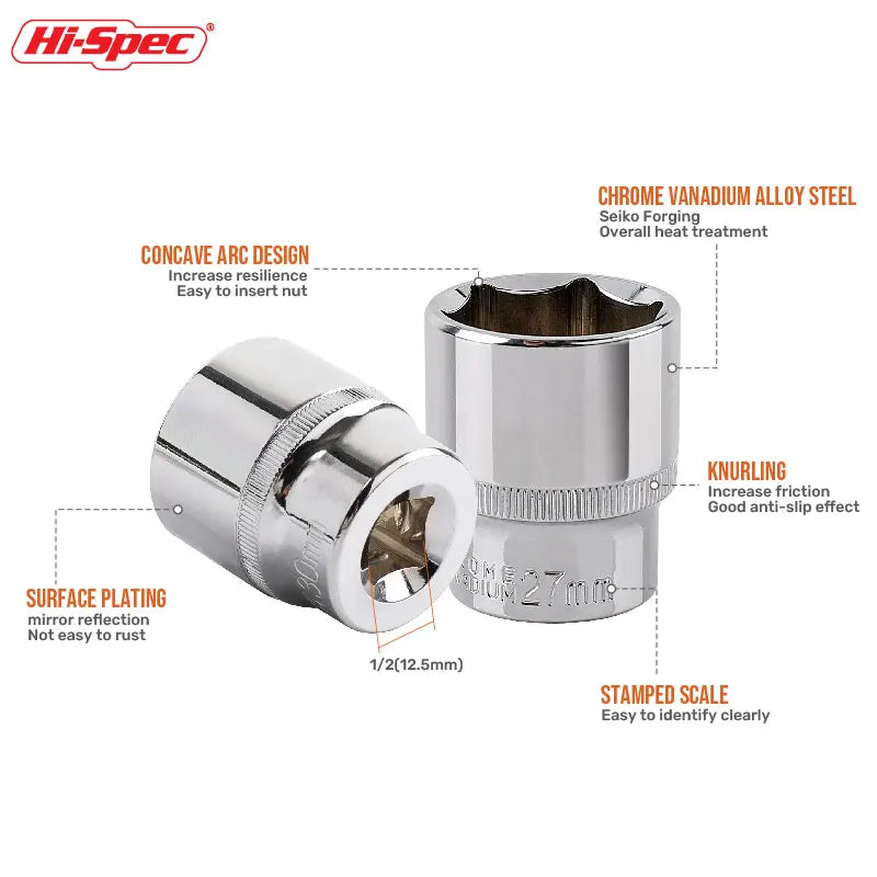 Hi-Spec 8–36 mm 1/2 Zoll Antrieb Deep Impact Steckschlüsselsatz CR-V Stahl Ratschenschlüssel Steckschlüssel Innensechskant Steckschlüsseleinsatz Mutterentfernung Handwerkzeuge Steckschlüsselsatz