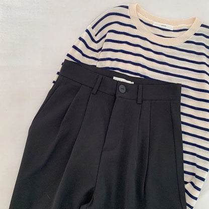 Hohe Taille Frauen Anzug Hosen fallen gerade Büro Damen koreanische Mode Hosen lässig Knopf lose weibliche schwarze Hosen neue 2024