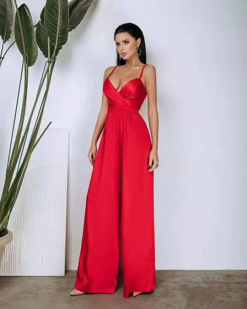 2025 Spring Summer Chiffon Elegant Jumpsuits Women Spaghetti Strap High Waist Wide Leg Jumpsuits Overalls Solid Womens Jumpsuit.