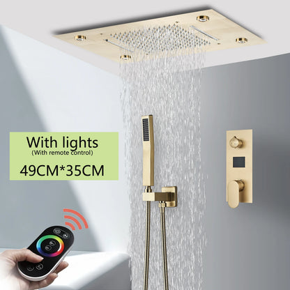 Brushed Ceiling Shower Head with LED Lights 36*50cm Large Rainfall Faucet Bathroom Tap Stainless Steel Smart Square Sprayer