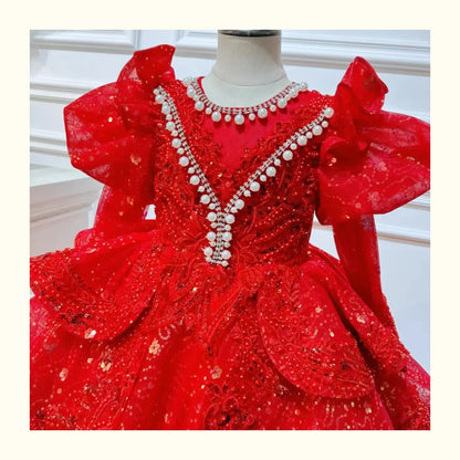 2025, Kinderkleid, Performance-Outfit, Mädchen, Blumen-Pailletten, geschwollenes Kleid, rote Partykleidung, Kinder, Mädchen, Geburtstag, Prinzessinnenkleider, glitzernd
