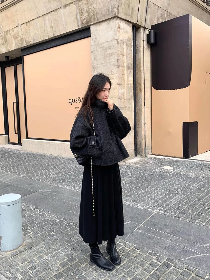 Thick Hepburn Style Woolen Pleated Skirt High Waist Slimming Casual Half Skirt Women Autumn Winter Unique Long Skirt