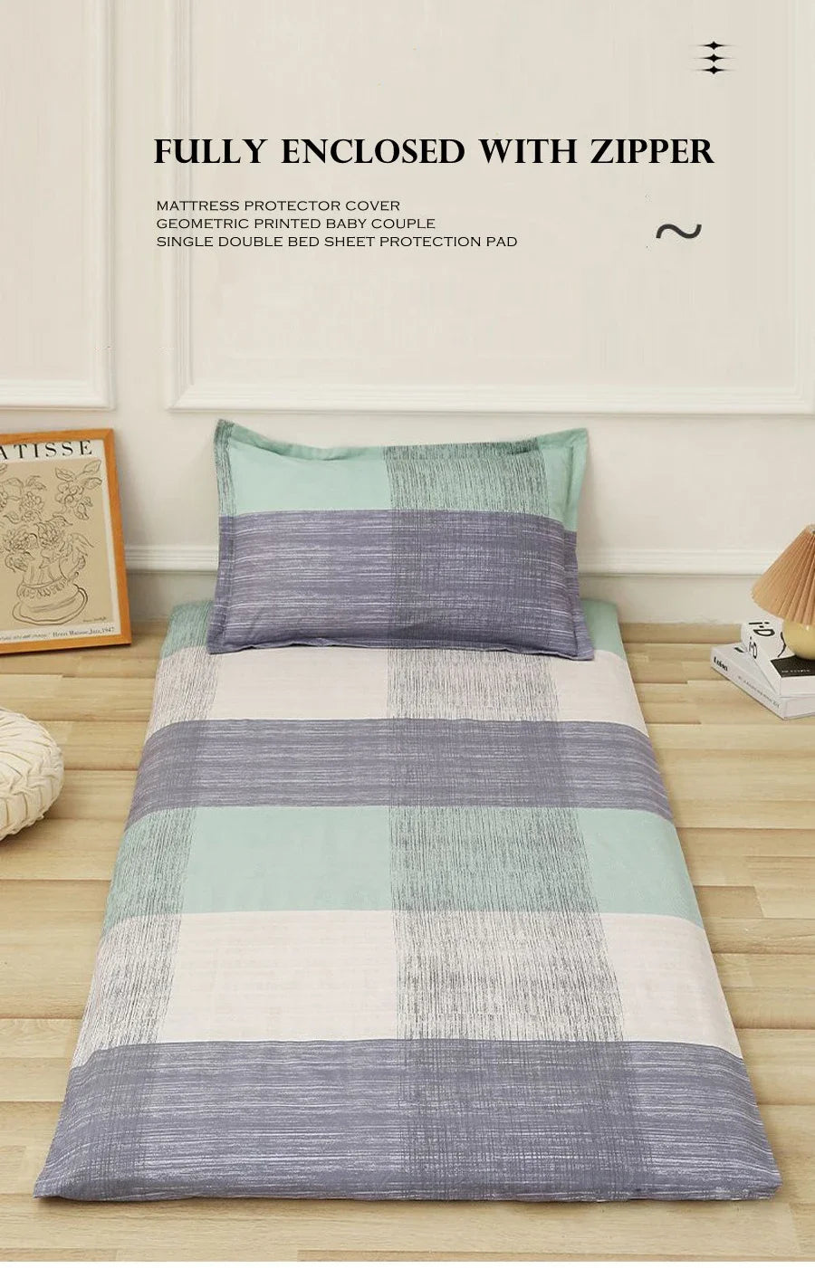 WASART Fully enclosed with zipper mattress protector cover geometric printed baby couple single double bed sheet protection pad.