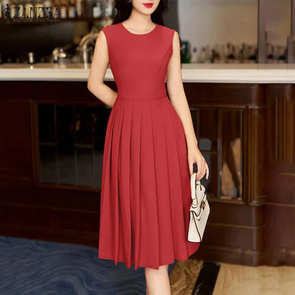 ZANZEA Elegante Frauen Plissee Midi Kleider Ausgestattet Taille Ärmel Solide Party Vestidos 2025, Sommer O Neck Pendeln Roben Femme