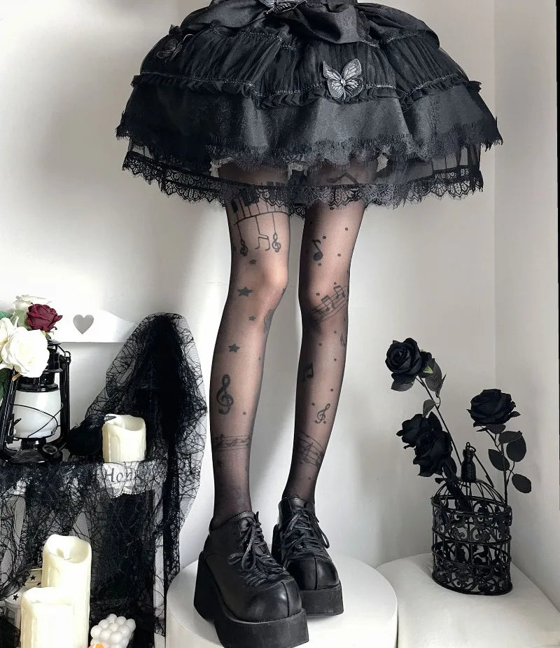 Women Personalized Stocking Gothic Music Notes Print Tights Thin High Elasticity Black Skin Leggings Spicy Girls Y2K Hosiery