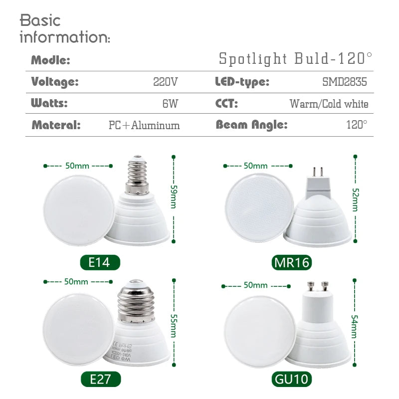 1-10PCS LED Strahler Birne E27 E14 MR16 GU10 AC220V 6W 24/120 Grad Strahl Winkel hohe Lumen Indoor LED Energiesparende Lichter Birne.