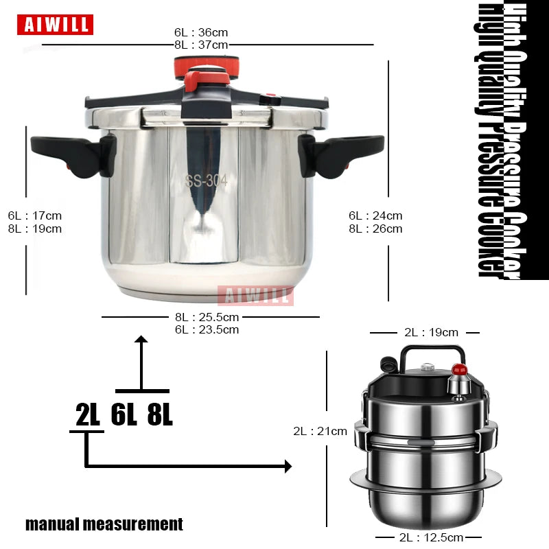 AIWILL 2L/6L/8L 3Gear Pressure Cooker 304 Stainless Steel Multifunctional Pressure-Limited Explosion-proof Quickly Cooking.