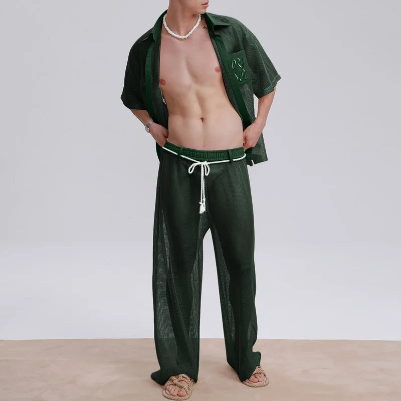 INCERUN Men Sets Mesh Patchwork See Through Sexy Short Sleeve Shirts & Pants Two Pieces Sets Streetwear 2025 Men's Casual Suits.