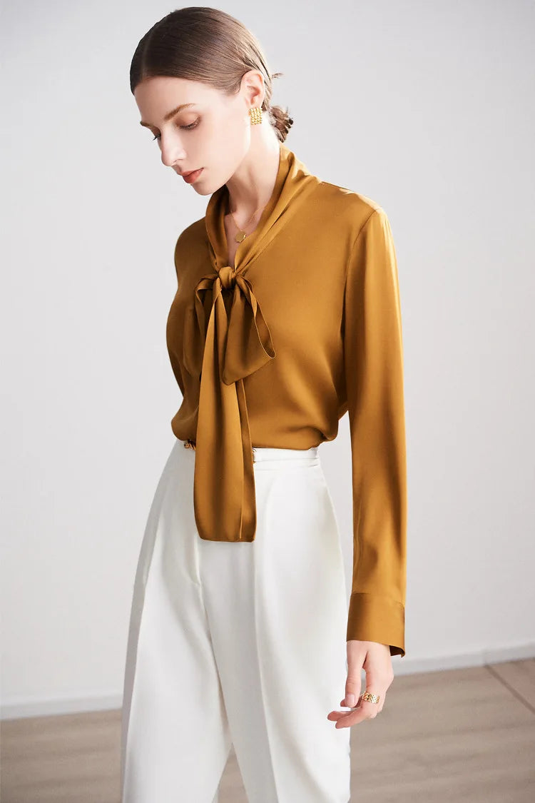 Silk Shirt Women's Thick Temperament Streamer 2025 Spring and Summer New Mulberry Silk Lace-up Design Shirt Long-sleeved Top