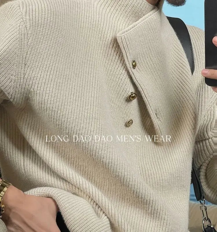 Vintage Trend Casual Autumn Winter New Men Turtleneck Solid Button Fashion Luxury Business Long Sleeve Pullovers Knitted Tops.