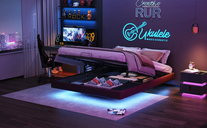 Anajqaqia Hängebettrahmen, 160 x 200 cm, schwarz, mit LED-Lichtleiste und Aufbewahrung der Gasdruckstange