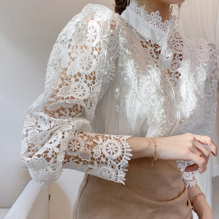 Fashion Long Sleeve Women Blouse Hollow Out Lace Blouse Shirt Tops Women Blusas Mujer De Moda 2024 Blouses Femme Women Shirts.