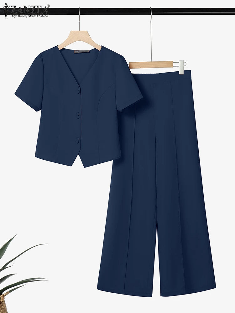 ZANZEA Fashion 2 Piece Sets Woman Elegant V-Neck Short Sleeve Shirts Wide Leg Pants 2pcs Suits Office Lady Commuting Pant Sets.