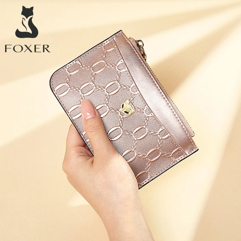 FOXER Split Leather Women's Card Holder Wallet Fashion Anti-theft Thin Wallet Mini Clutch Bag Ladies Short Coin Wallet Purse.