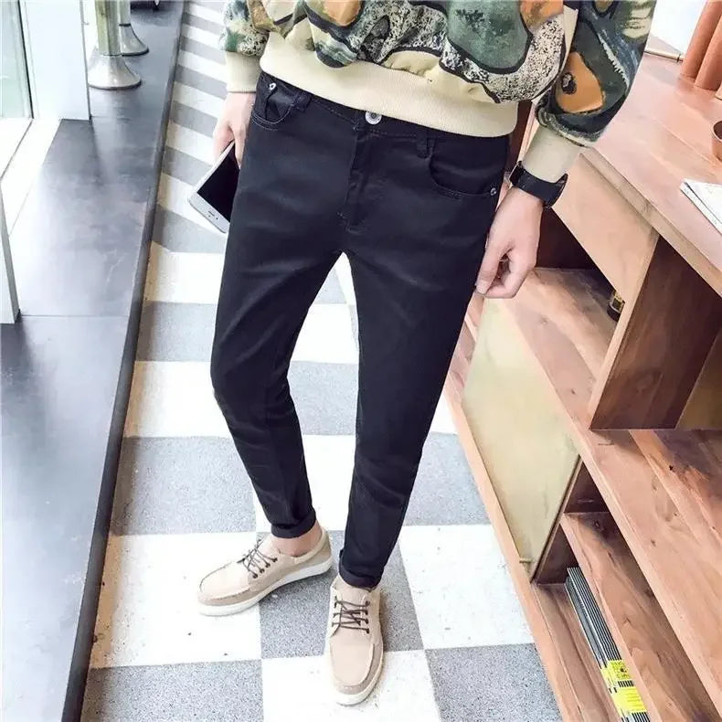 Pure White Jeans Men's Elastic Korean Style Slim Fit Youth Slimming Straight Leg Business Casual Middle Age High End Pants.