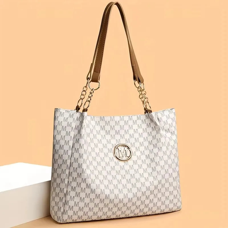 Vintage Geometric Tote Bag Synthetic Leather Letter "M" Design for Women Handbag Shoulder Bag Large Capacity Shopping Travel Bag.