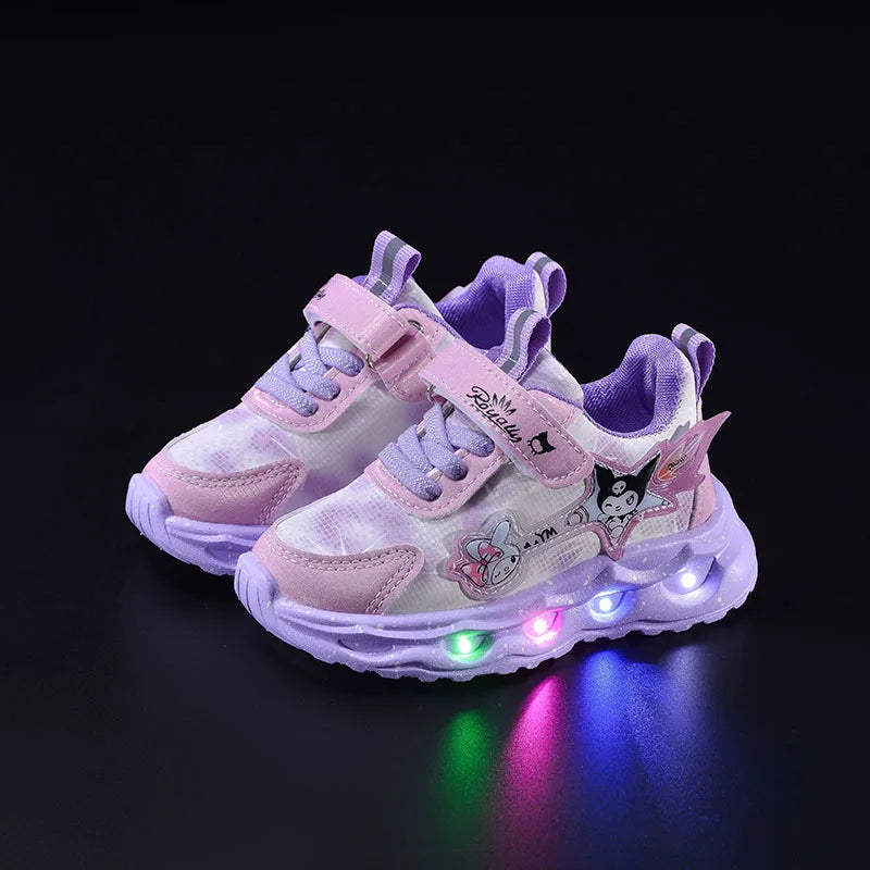 Kids'Casual Shoes Girls Led Light Cartoon PU Leather Spring Fashion Flat Bottom Anti-slip Soft Bottom Pink Purple Size 21-30.