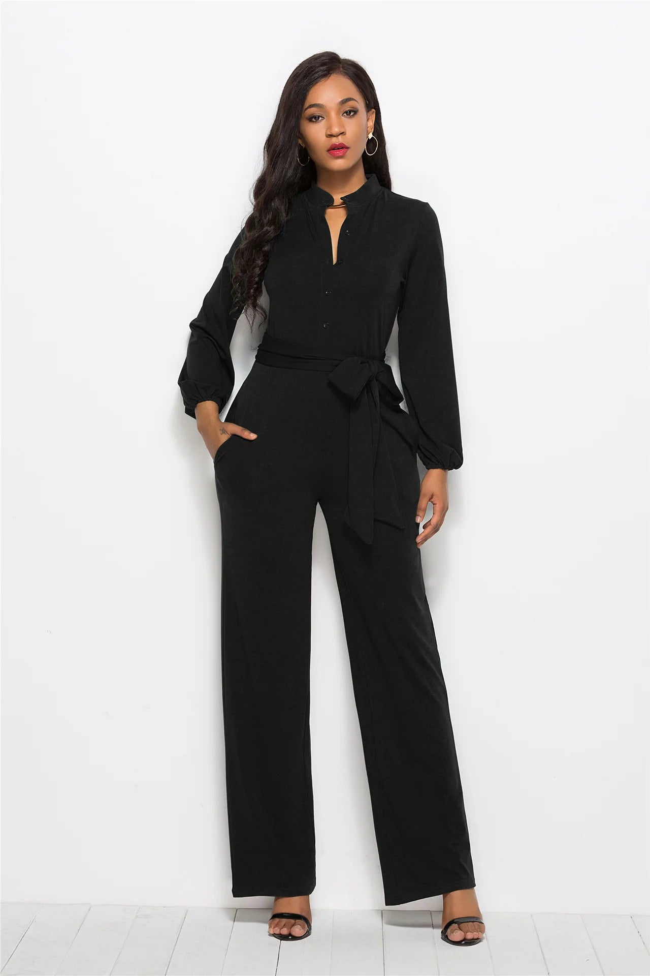 Temperament Solid Color Slim Jumpsuits Women Fashion Long Sleeve Buttons High Waist Leace-up Jumpsuit Ladies Commuting Clothing.