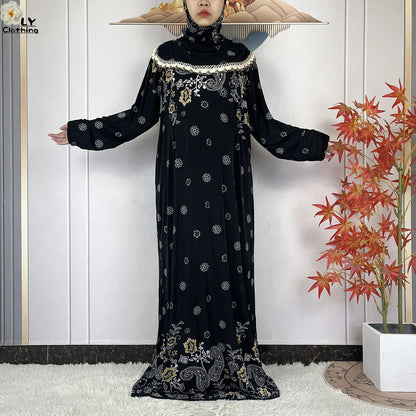 Muslim Ramadan Prayer For Women Long Sleeved Floral 2023Dubai Turkey Middle East Femme Loose Robe African Abayas Headscarf Dress