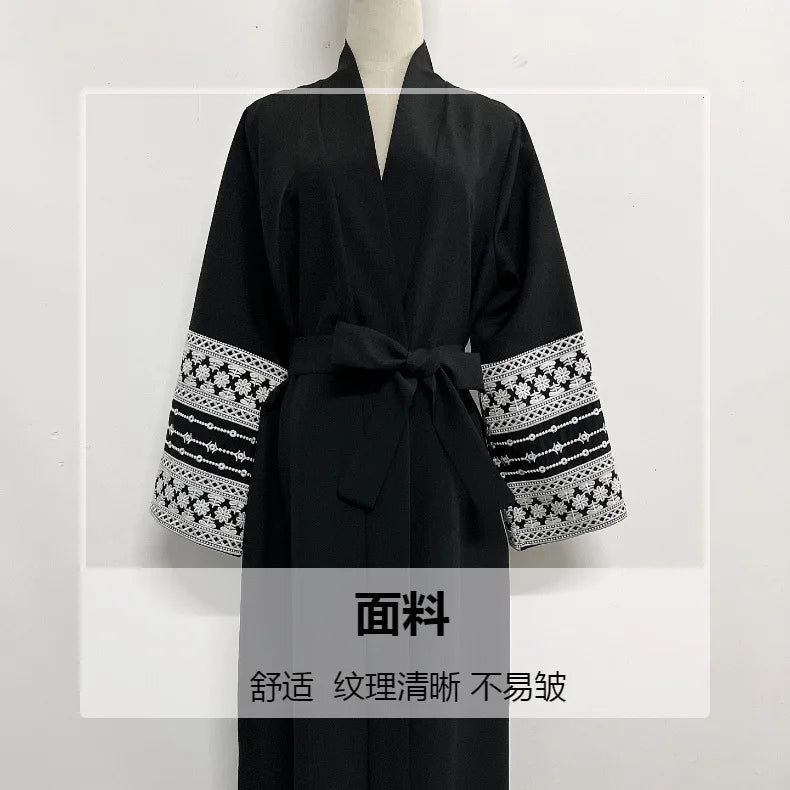 Ramadan Eid Black Open Kimono Abaya with Sashes Damen Dubai Islam Muslim Dress Kaftan Prayer Clothes Women Kebaya Robe Femme.