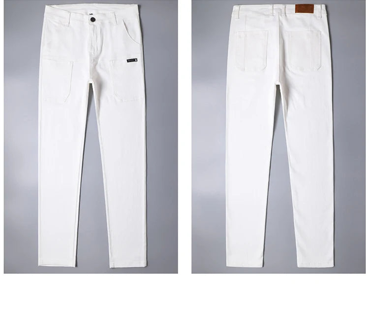 Spring and Autumn Men's Multi-Pocket Design Jeans Fashionable and Versatile White Khaki Red Comfortable Stretch Denim Pants