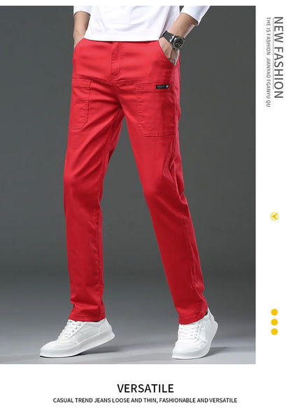 Spring and Autumn Men's Multi-Pocket Design Jeans Fashionable and Versatile White Khaki Red Comfortable Stretch Denim Pants.
