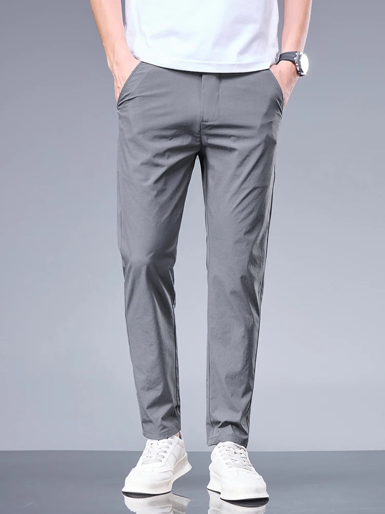 Summer New Business Ice Silk Pants Straight Elastic Waist Black Gray Trousers Breathable Simple Male Clothing Casual Suit Pants.