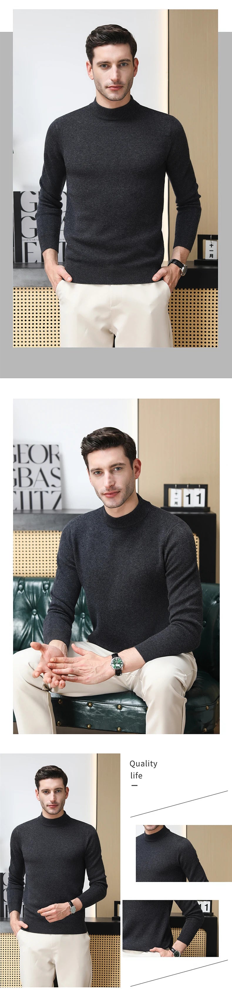 High End 100% Wool Thick New Autum Winter Fashion Brand Pullover Knit Half Turtleneck Business Sweater Casual Men Clothing.