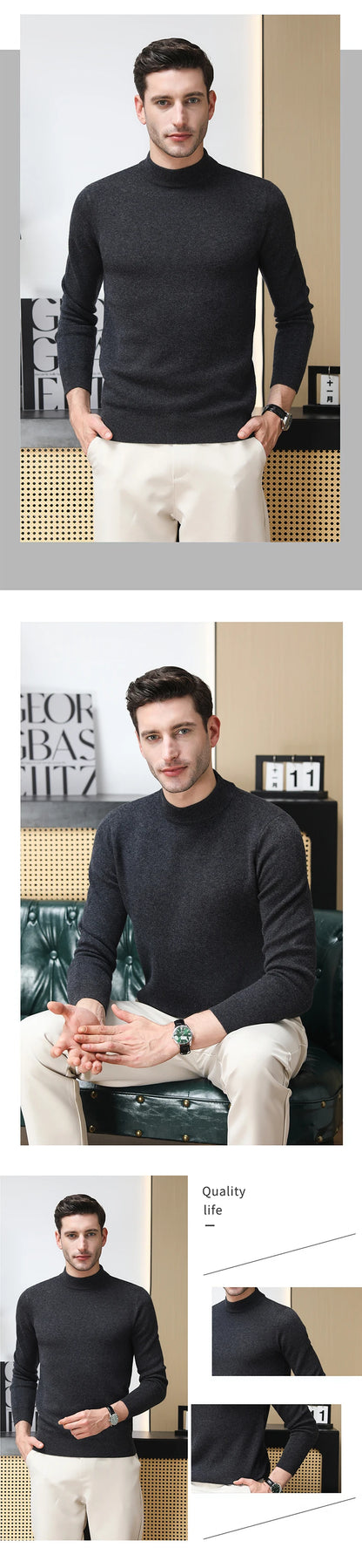 High End 100% Wool Thick New Autum Winter Fashion Brand Pullover Knit Half Turtleneck Business Sweater Casual Men Clothing.