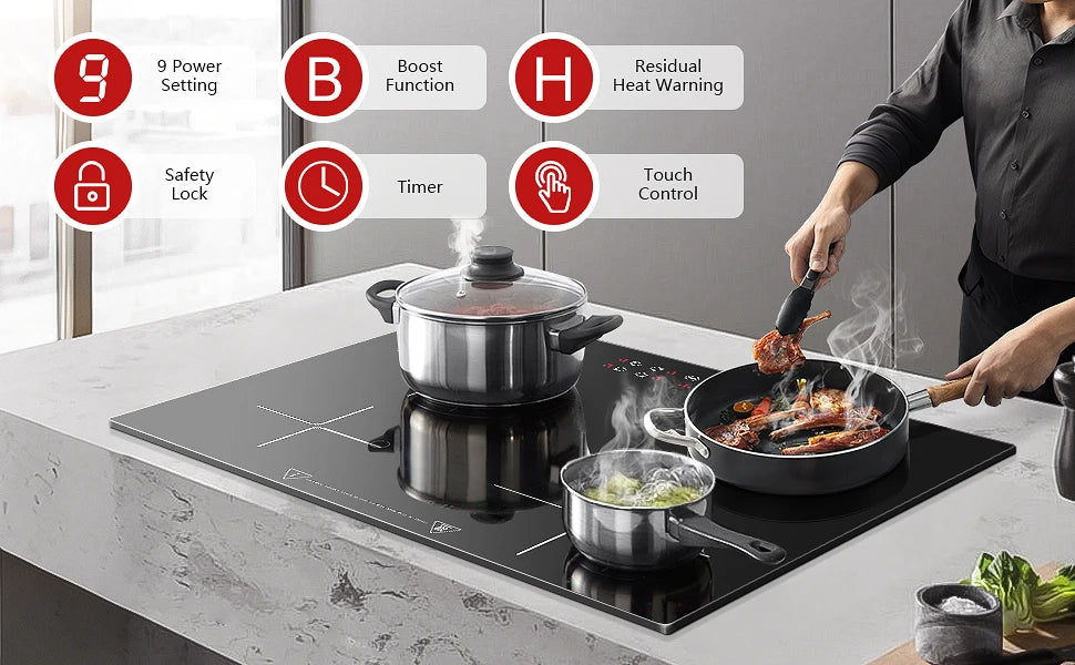 Induction Hob 4 Plates Built-in Electric Cooktop 60cm Booster Touch Control 6000W 9 Power Levels 1-99Minute Timer Child Lock.