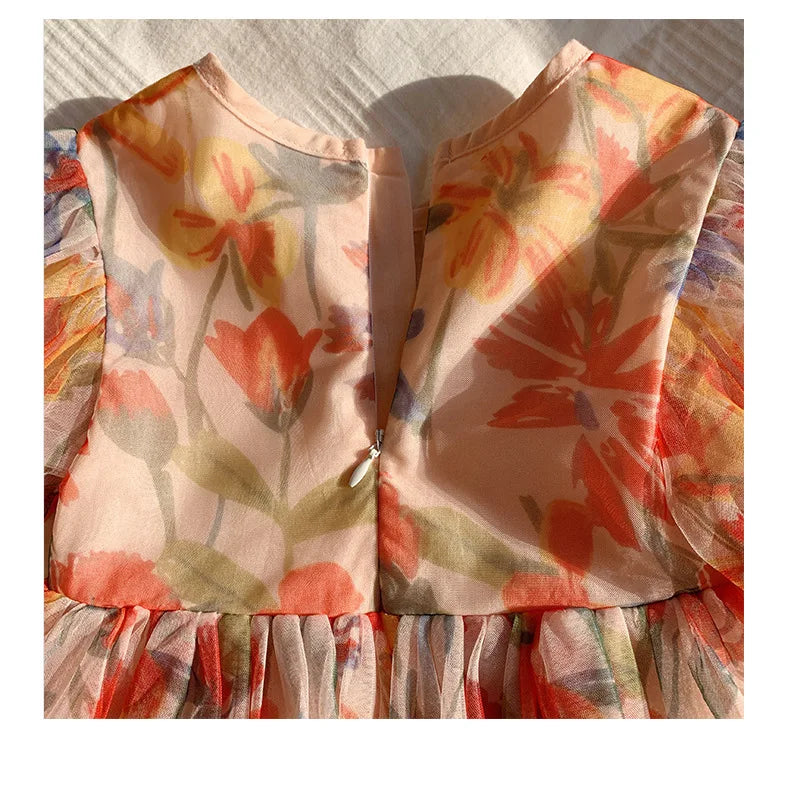 2023 sommer Kinder Kleidung Puff Sleeve Blumen Druck Kleid Für Mädchen Mesh Kinder Kleid für Mädchen.