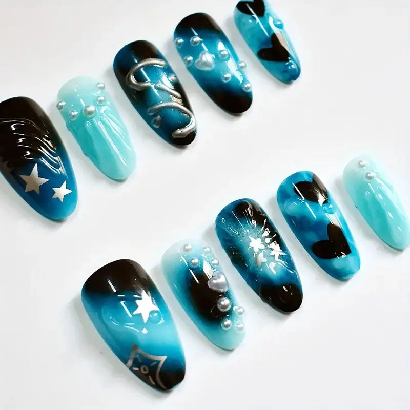 10pcs Handmade Press on Nails Cartoon Shark Pattern Design Fake Nails Wearable Detachable Ins Simple Almond Shaped False Nails.