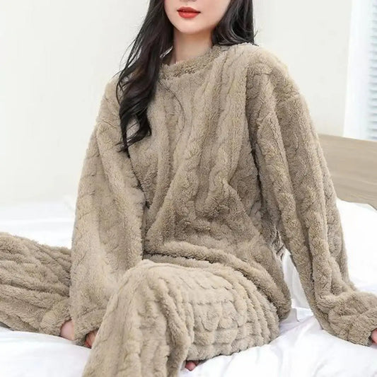 Winter-Pyjama-Set, stilvolles Winter-Pyjama-Set für Damen, warmer Plüsch, 2-teilige Nachtwäsche, bequeme Pullover-Hose für den Herbst