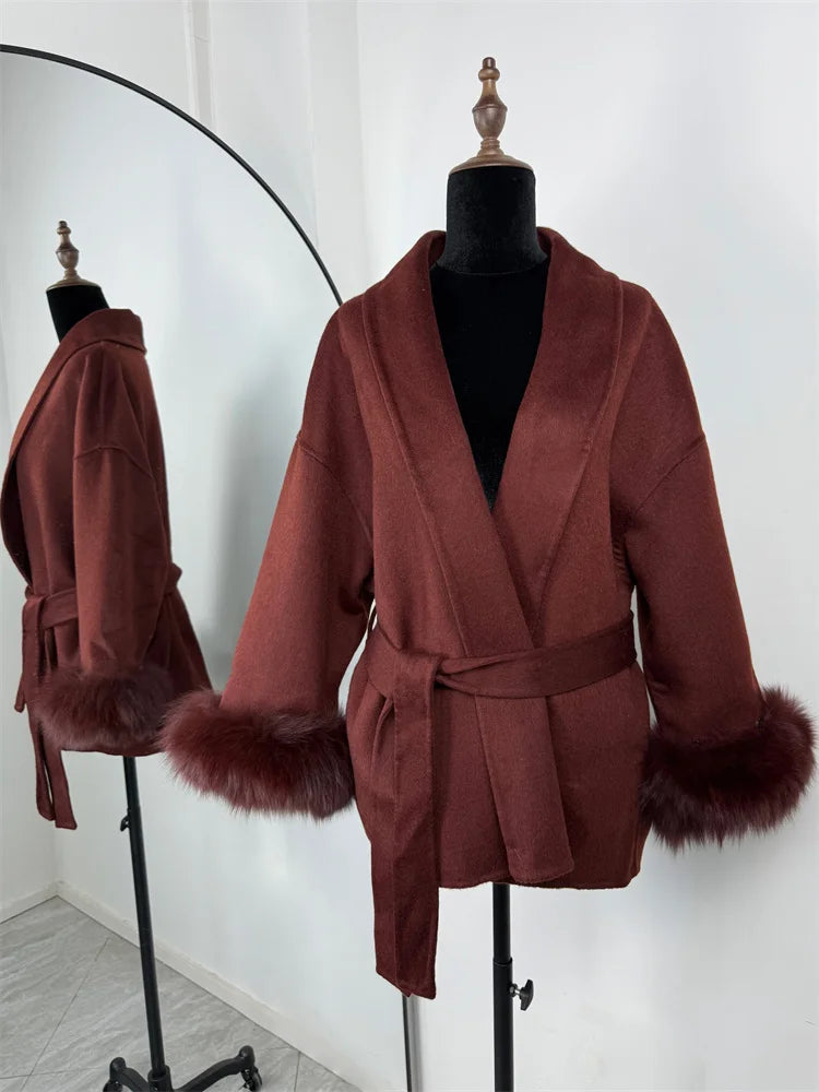 Tossy Fuchspelz-Wollmantel für Damen, kurzer Mantel, Bürodame, eleganter doppelseitiger Wollmantel, 2025, neue Strickjacke, Jacken, lockere Wolle