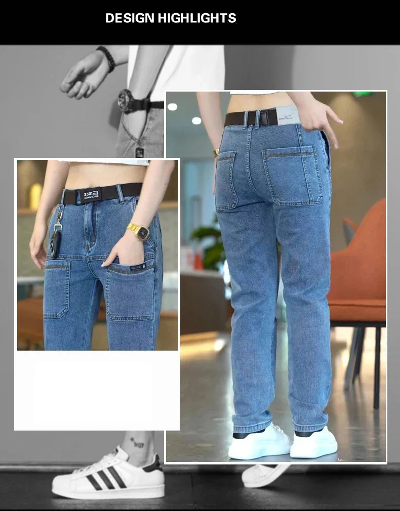 Men Cargo Pants Slim Stretch Jeans Multi Pocket Fashion Streetwear Designer Skinny Male Denim Trousers Brand Clothes Blue Black.