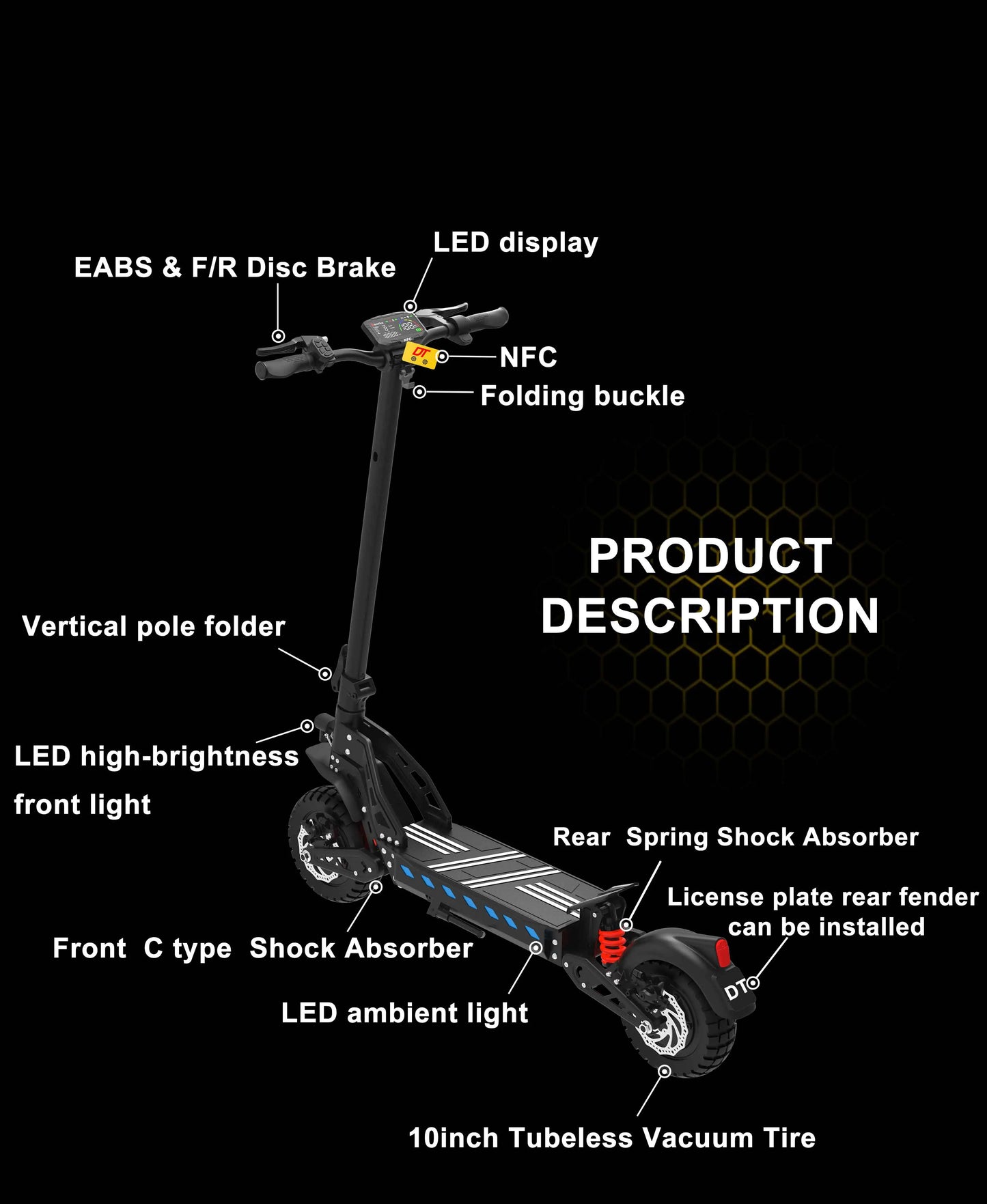 DriveTron DT10 Foldable Adult Electric Scooter, E-Scooter, 50km/h Electric Kick Scooter, 1000W Skateboards, 48V 15.6Ah Kickboard.